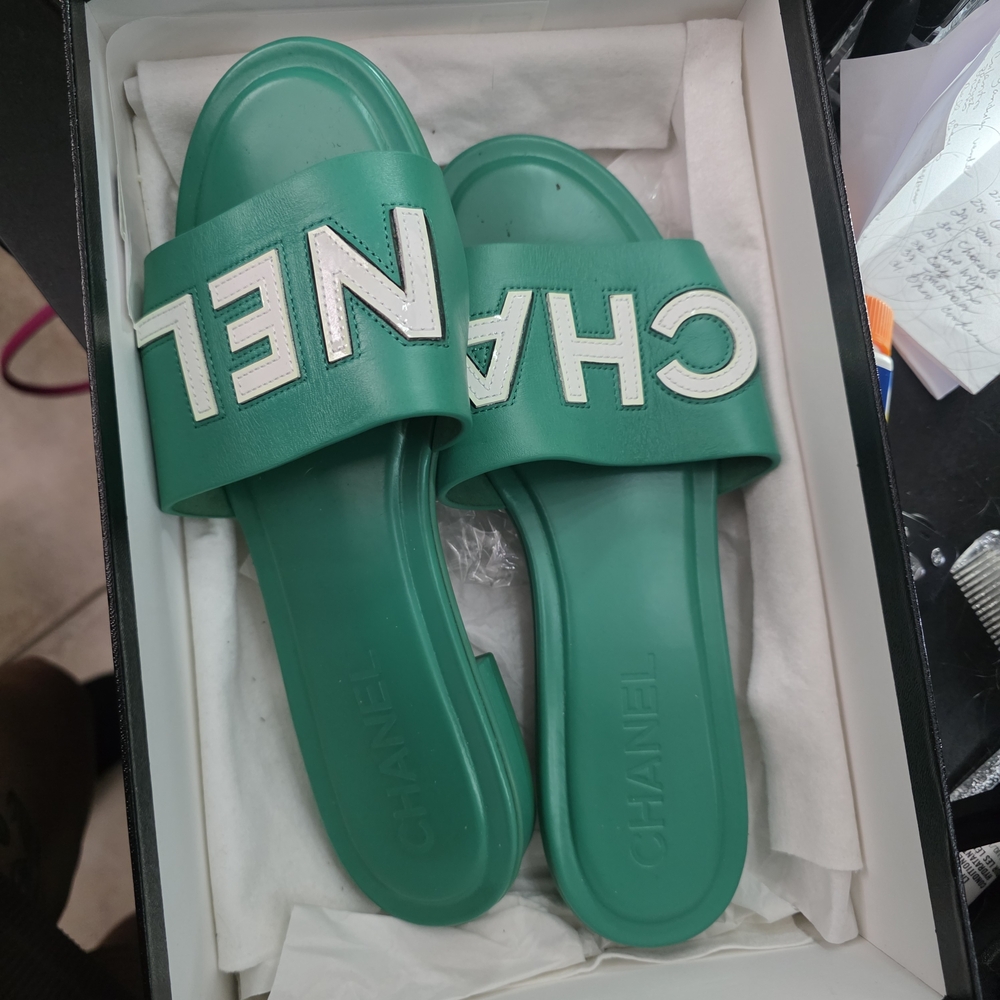 Chanel Green Slide Sandals